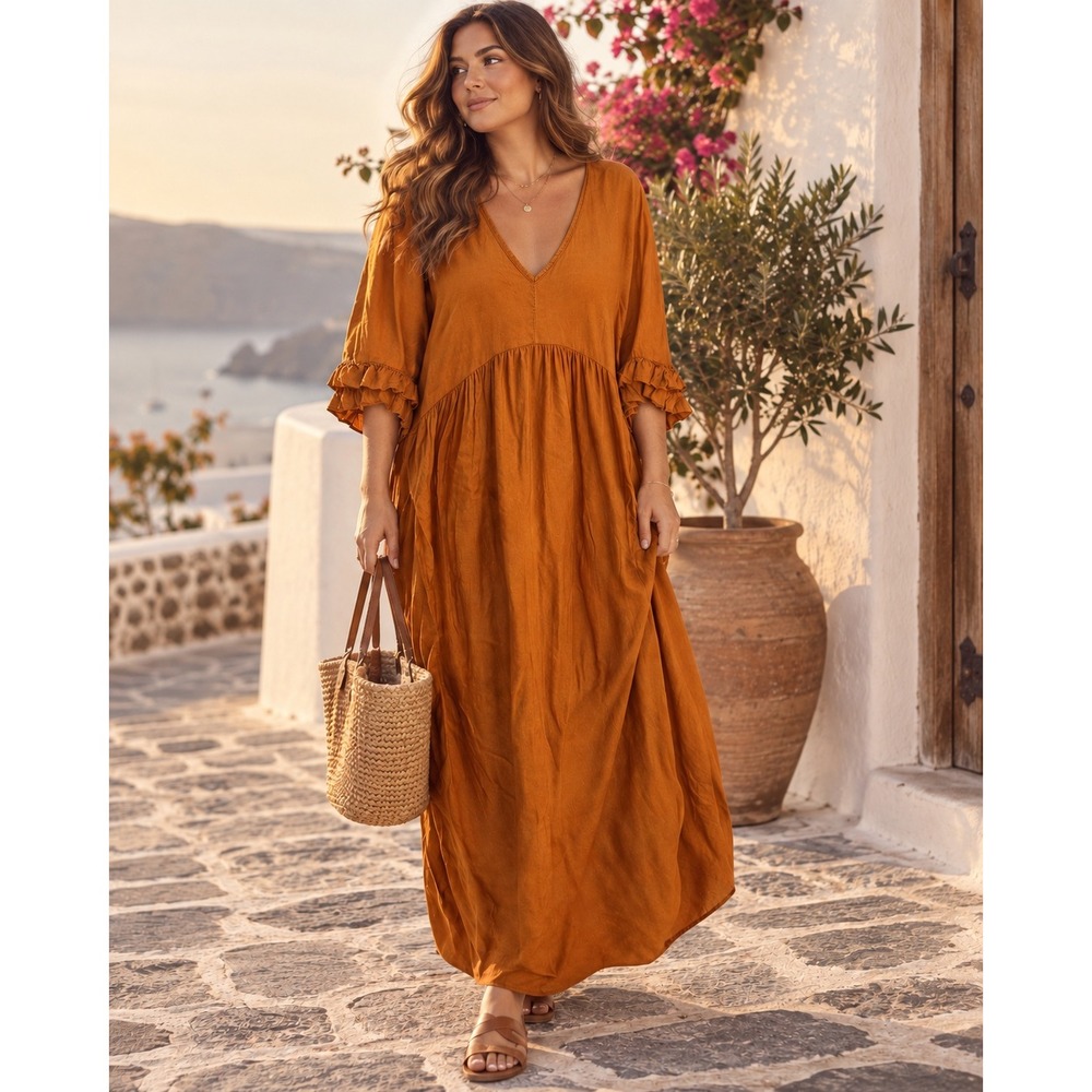 Made in Italy Burnt Orange Viscose Ruffle Sleeve V-Neck Maxi Dress Size 2X #415